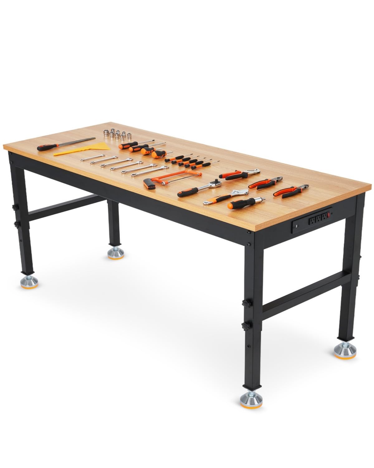 Garvee 72 in Work Bench, Adjustable Height Workbench, Heavy Duty Rubberwood Tabletop with Built-in Power Outlets, 2500 LB Wood Top Work Table for Garage, Workshop, Repair Shop, Home, Office