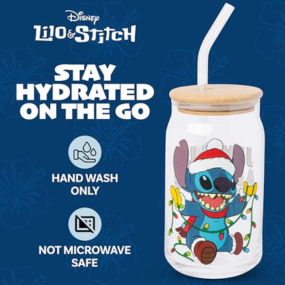 Silver Buffalo Disney Lilo and Stitch “Jingle All the Way” Glass Tumbler with Bamboo Lid and Glass Straw Featuring Stitch, 16 Ounces
