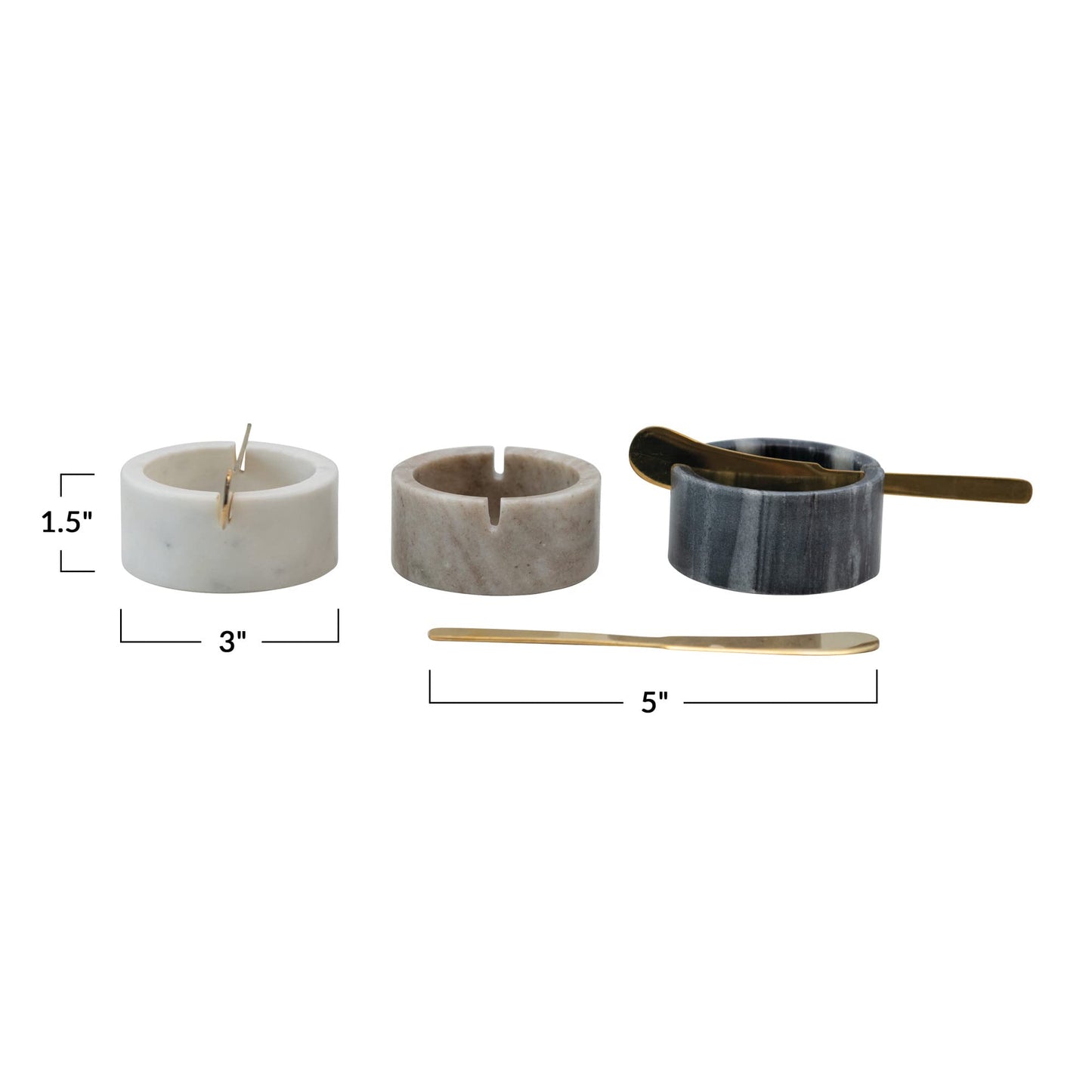 Creative Co-Op Marble Set Pinch Pot Bowls for Salt, Pepper, and Seasoning with 3 Metal Knives
