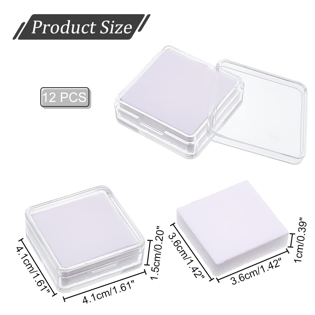 NBEADS 12 Pcs Gemstone Display Box, 1.6x1.6x0.6 Transparent Polystyrene Square Jewelry Display Container Diamond Storage Box with Clear Top Lids and White Sponge for Bare Stone Diamond
