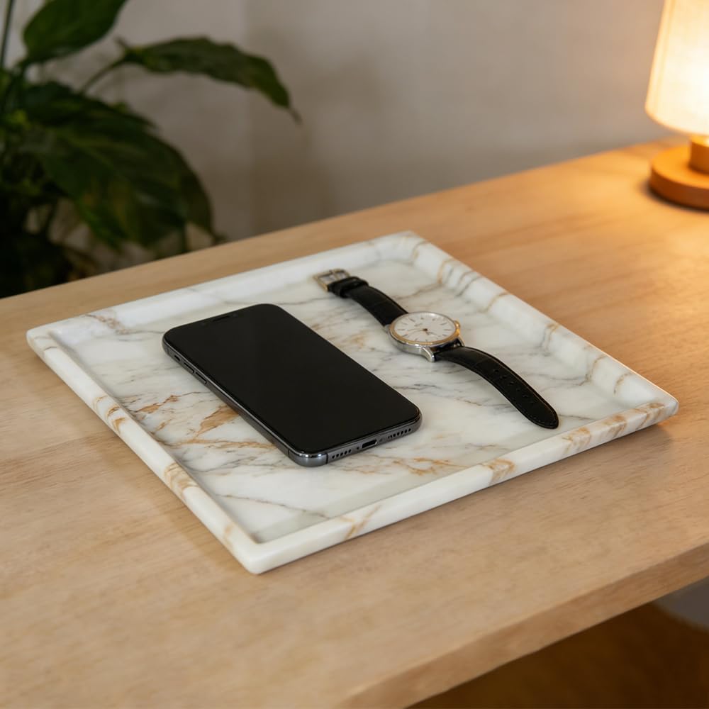 DUANYAN Natural Marble Tray for Kitchen Counter Living Room, Stone Plate for Fruit Jewelry Perfume Cosmetics Key, Decorative Tray for Table Decor (Calacatta-Glod/Square 9.8"x9.8"x0.7")