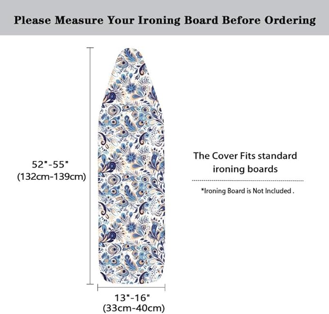Blue Peacock Feather Steam Ironing Board Cover Damask Floral 15x54 Inch