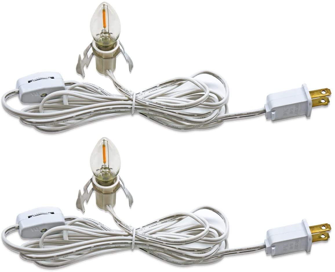KGC C7 Accessory Cord with 2 C7 Led Light Bulb Candelabra-Base E12 Socket, White Cord with On/Off Switch Plugs for Holiday Decorations, Christmas Village House, Pumpkin Lights