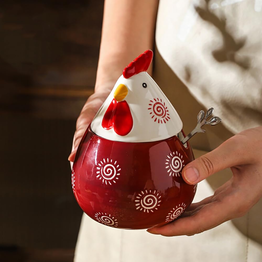 Sizikato Porcelain Condiment Pot with Lid and Spoon, Red Chicken Shape Ceramic Salt Bowl Sugar Bowl for Kitchen