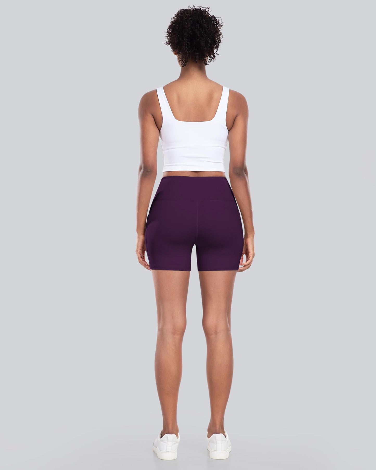 Womens Biker Yoga Shorts with Pocket, High Waisted Tummy Control 5 Inch Workout Spandex Athletic Gym Shorts(Purple,M)
