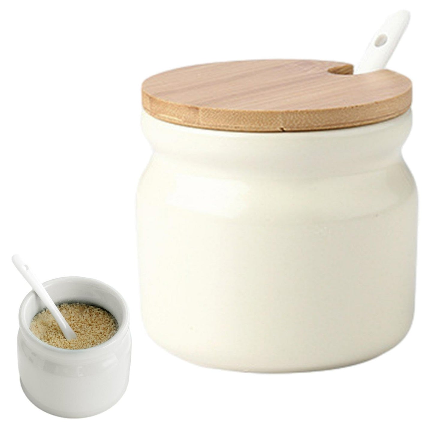 Frinovalt Ceramic Sugar Bowl, Porcelain Sugar Pot with lid and Spoon, 300ml/10.56oz Seasoning Storage Jar Salt Pot Salt Container for Coffee Bar, Home Kitchen(Beige)