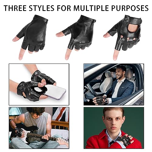 OurHonor Black Fingerless Gloves for Men Women, Halloween PU Leather Half Finger Glove Outdoor Driving Performance Costume Sport, Small (Style A)