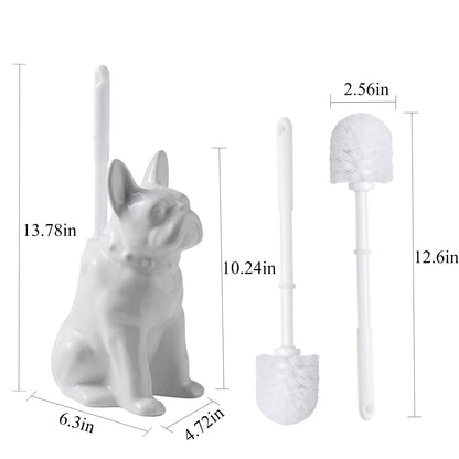 Ceramic French Bulldog Toilet Brush Holder – Cute Bathroom Decor with Hideaway Storage, Space-Saving Design, Premium Ceramic Dog Lover Gift, Includes 2 Durable Scrub Brushes (White)
