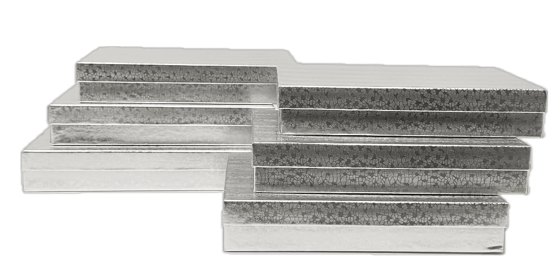RJ Displays 6 Pack Silver Foil Paper Cotton Filled Lidded Jewelry Gift Box Jewelry Set Necklace, Belt Buckle, Pendant, Brooch, Bracelet, Bangle, anklet Size- 7" x 5" x 1.25 inches