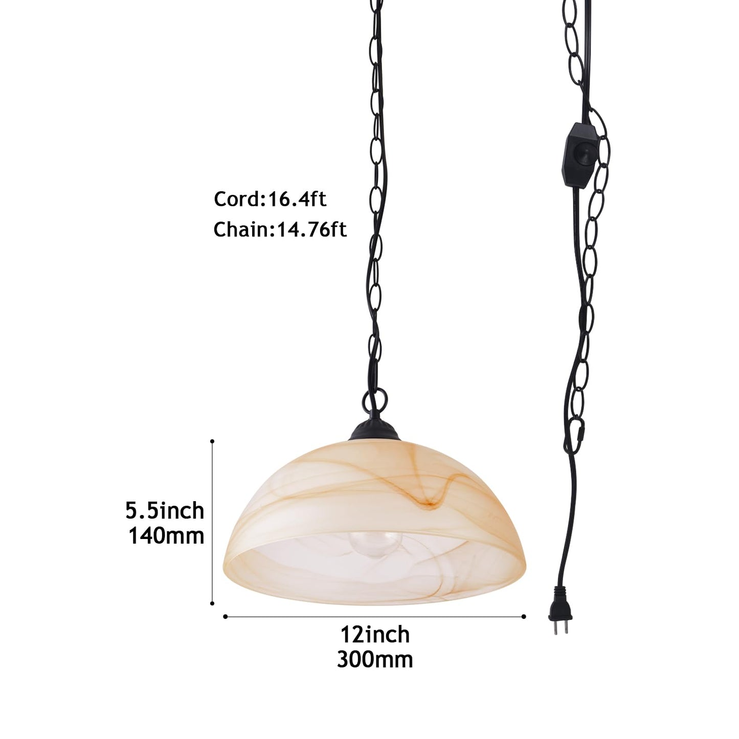 WEIYOUDJ Plug in Pendant Light Antique Alabaster Glass Shade Hanging Lamp with On/Off Switch,16.4Ft Cord & 14.7Ft Chain Dimmable Swag Light Fixture for Kitchen Sink Bar Nook