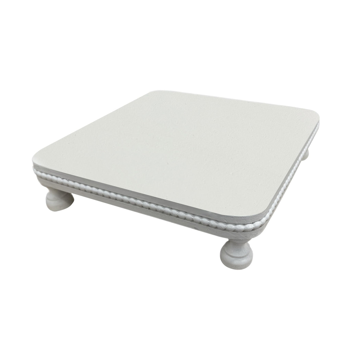 dwellington Farmhouse Display Wood Riser, 12" Decorative Beaded Pedestal Stand, Square Tiered Tray Decor for Kitcher Decor, Countertop (White)
