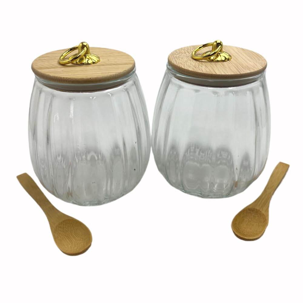BEECO GIF2U Glass Airtight Storage Jars with Spoons,Bamboo Lid Canister for Foods,Decorative Container with Metal Handle Easy to Grasp 2Pack Oval