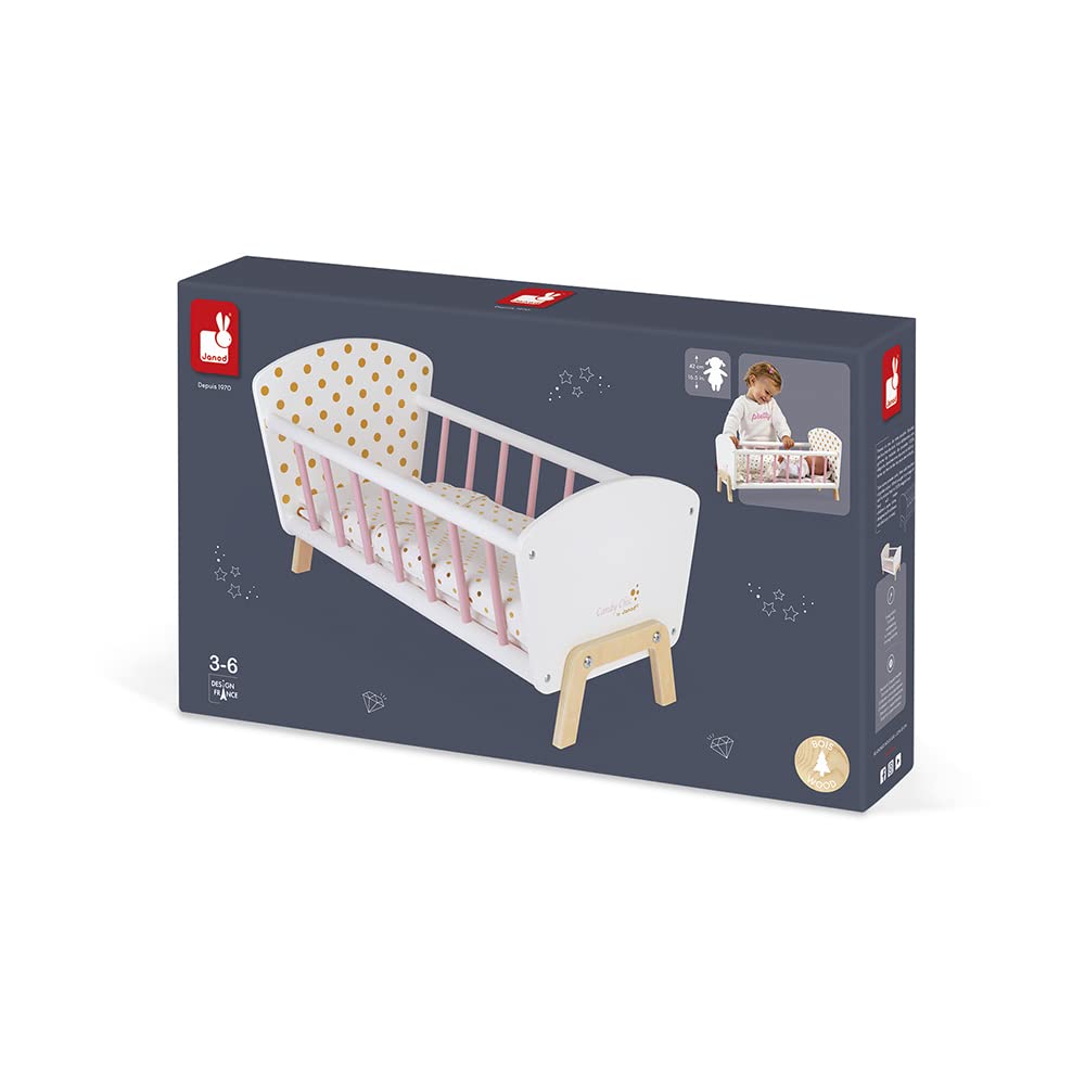 Janod - Candy Chic Doll's Bed Wooden Baby Doll Cradle Ages 3+ - Engaging in Imaginative Play - Stylish Design - Durable Construction and Safe Materials - Includes Bedding