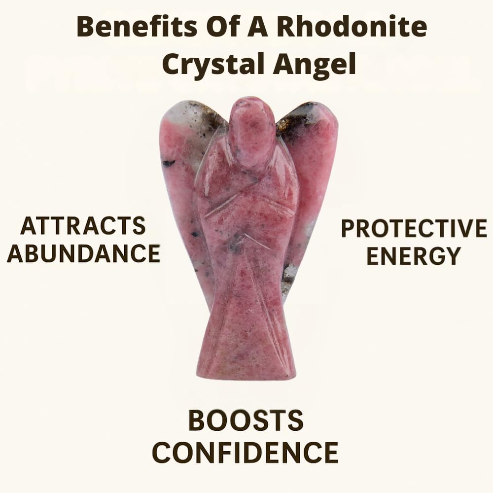 ANAYA AGATE Rhodonite Angel Statue 2" Certified Gemstone Guardian Angel Natural Crystal Angel Hand-Carved Angel Charms for Protection, Stress Reduction, Positive Energy Crystal Figurines Décor