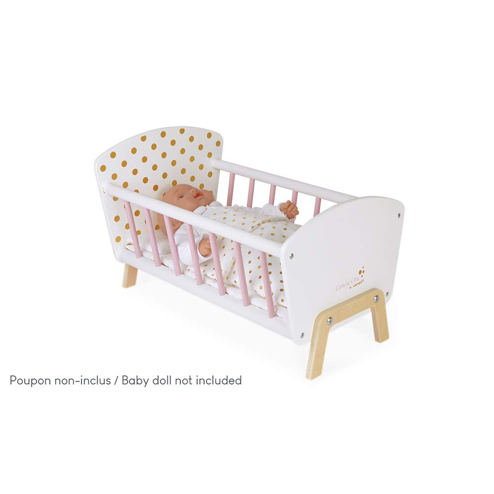 Janod - Candy Chic Doll's Bed Wooden Baby Doll Cradle Ages 3+ - Engaging in Imaginative Play - Stylish Design - Durable Construction and Safe Materials - Includes Bedding