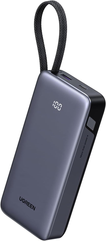 UGREEN Nexode Power Bank 20000mAh 45W with Built-in Cable, Fast Charging Portable Charger for iPhone 17 Pro/Samsung S25 Ultra/iPad Pro, 3-Port External Battery Pack with Digital Display, Travel Ready