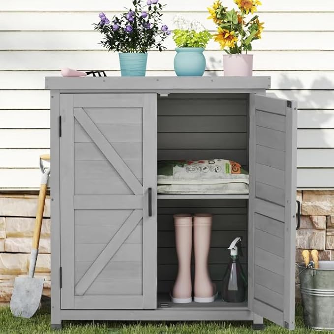 Outdoor Storage Cabinet & Potting Bench Table with Metal Top, Wooden Patio Furniture, Garden Workstation (Classic Grey, 36x31x17in)