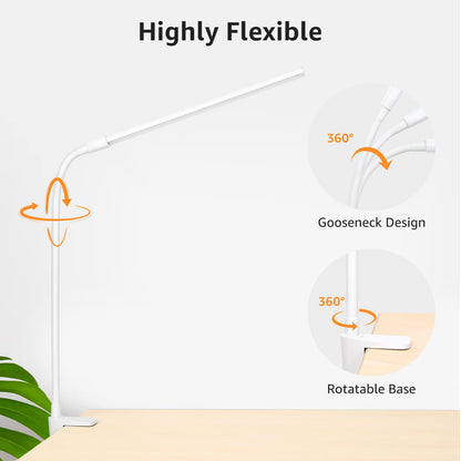 Lepro Desk Lamp Clamp, Eye Caring LED Desk Lamp, 5W 460lm, Dimmable, USB Powered, 10 Brigntness Levels x 3 Colour Modes, Clip on Reading Light for Nails, Crafts, Bedside, Office, School and More