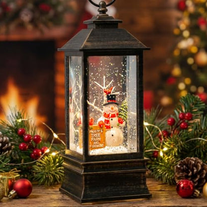 10" Christmas Snow Globe Lantern with Farm Snowman，Lighted Swirling Glittering Snow Globes with Music & Timer, Christmas Decorations for Home Tabletop Indoor