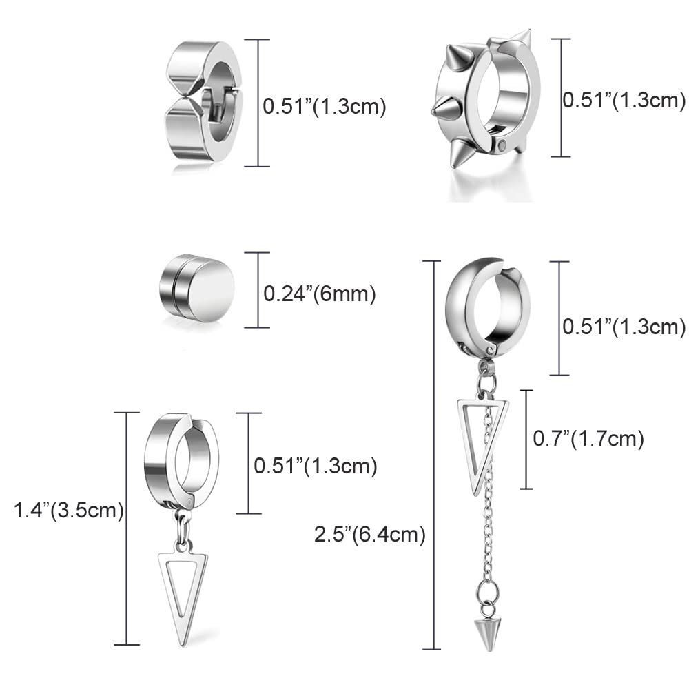 5 Pairs Silver Stainless Steel Non-Piercing Spike Rivet Geometric Triangle Dangle Tassel Clip on Hoop Earrings Set for Women Men, Non Pierced Fake Ear Clip Stud Earrings