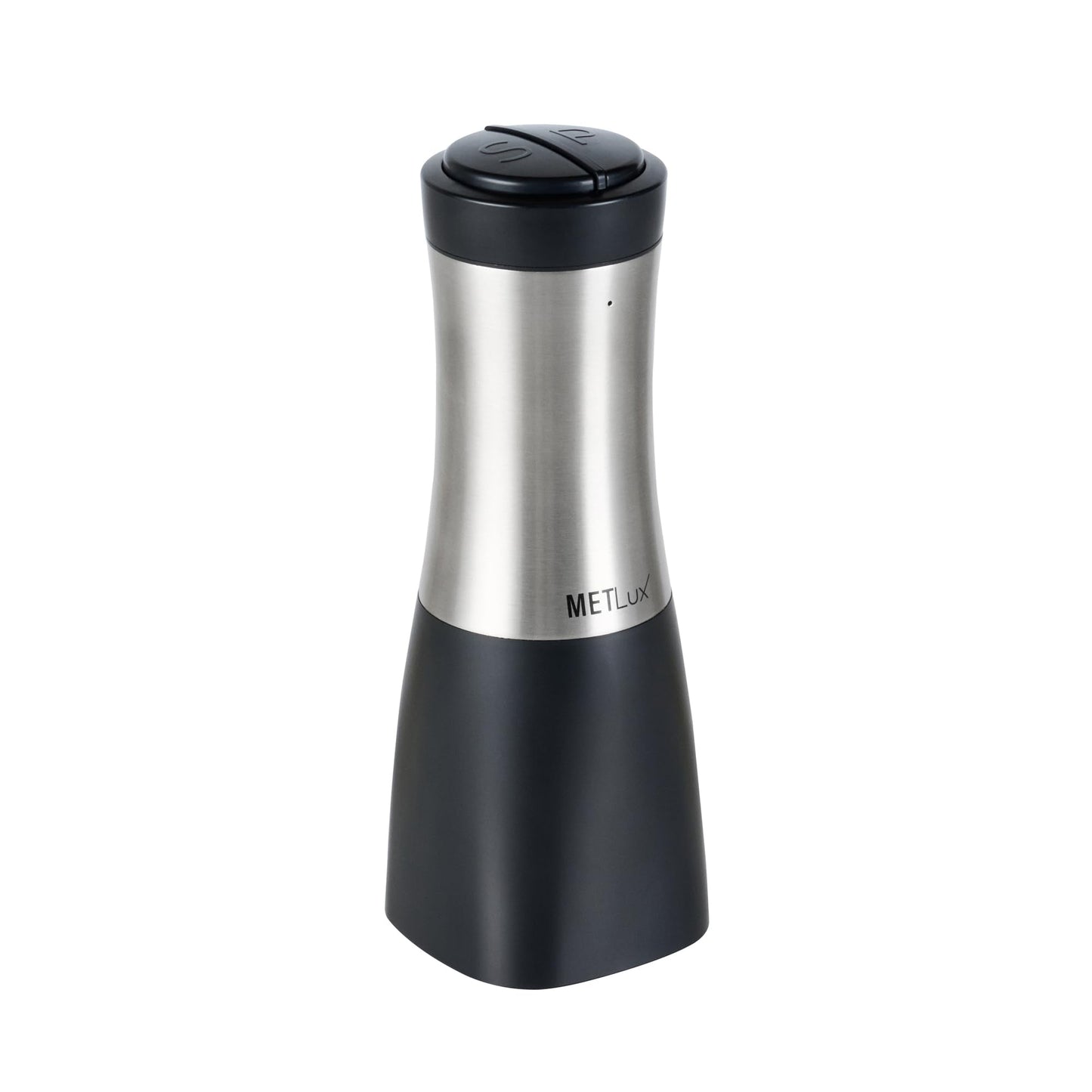 Restaurantware Electric Salt And Pepper Grinder Set 1 Case 2.8 x 2.8 x 7.9 Inch Stainless Steel Cordless Spice Mill With Adjustable Coarseness And LED Light Black Finish