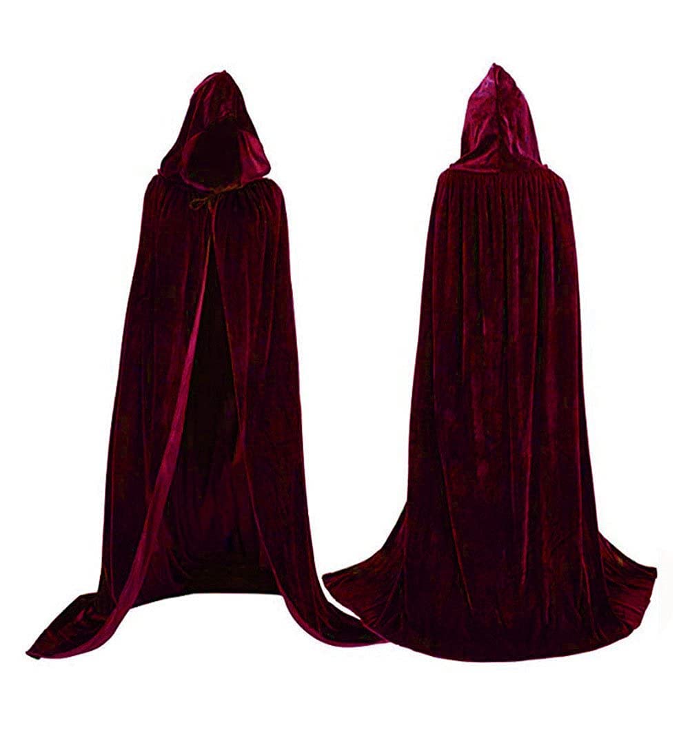 Velvet Cloak Cape Wizard Hooded Party Halloween Cosplay Costumes for Men Women 53" (Wine Red)
