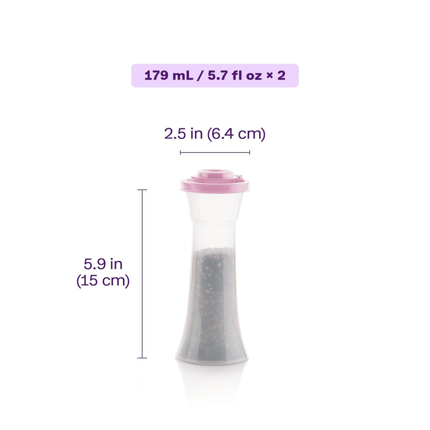 Tupperware Hourglass Salt and Pepper 2-Shaker Set in Purple, Liquid Tight Lids, BPA-Free, Dishwasher Safe