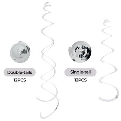 24 PCS Silver Foil Hanging Swirl, Sparkle Ceiling Hanging Decorations, Plastic Streamer Party Decorations, Swirl Decorations with Double-Swirls and Single-Swirls for Birthday, Baby Shower, New Years