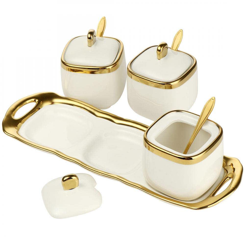 Porcelain Condiment Jar Spice Container with Tray Ceramic Serving Spoon and Lid, Spice Sugar Ceramic Condiment Pot Creative Seasoning Box for Your Home, Kitchen, Counter (White)
