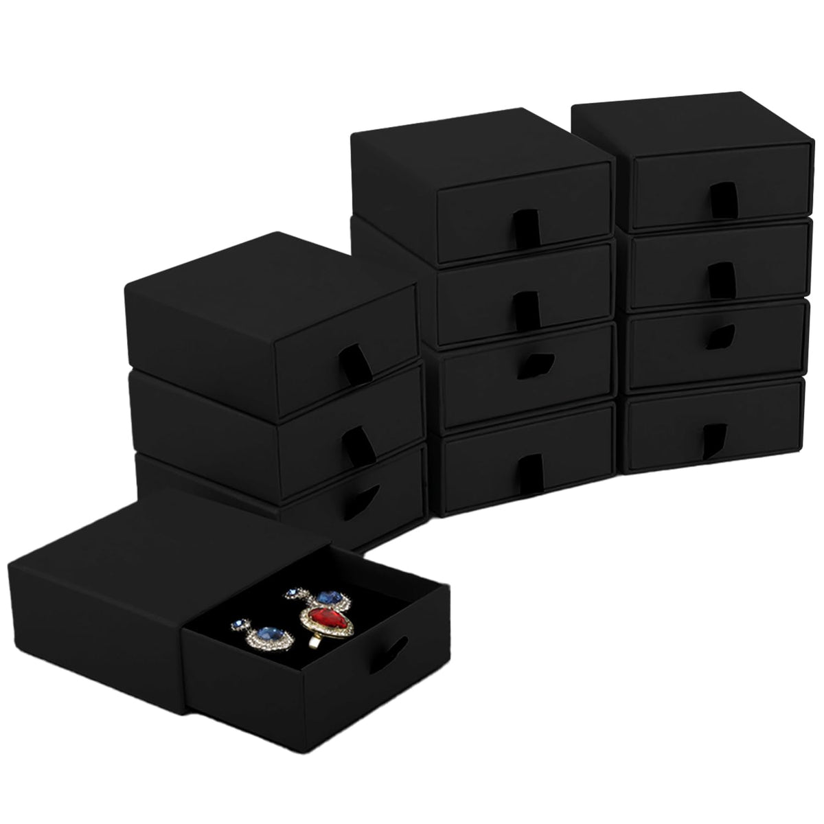 Nsmykhg Jewelry Gift Box Velvet-Lined,12 Pack Compact Drawer Style for Earrings & Rings, Necklace & Bracelet Organizer, 3.93x3.93x1.65 Inches, Stackable Elegant Jewelry Display & Storage Box (Black)