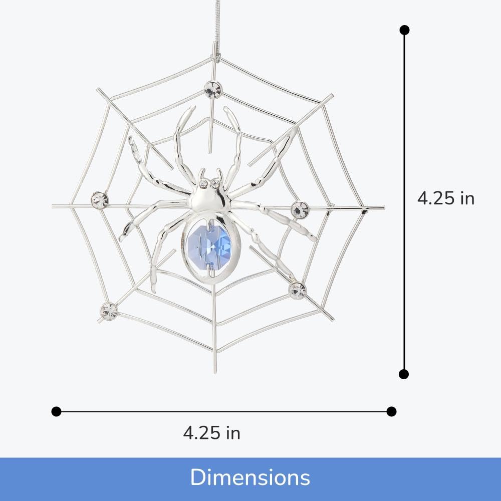 Matashi Silver Plated Christmas Tree Spider Ornament w Blue, Clear Crystals Lucky Hanging Decoration, Holiday Ornament Gift, Unique Spider Decor for Christmas & Halloween Party w Tinsel Legend Story
