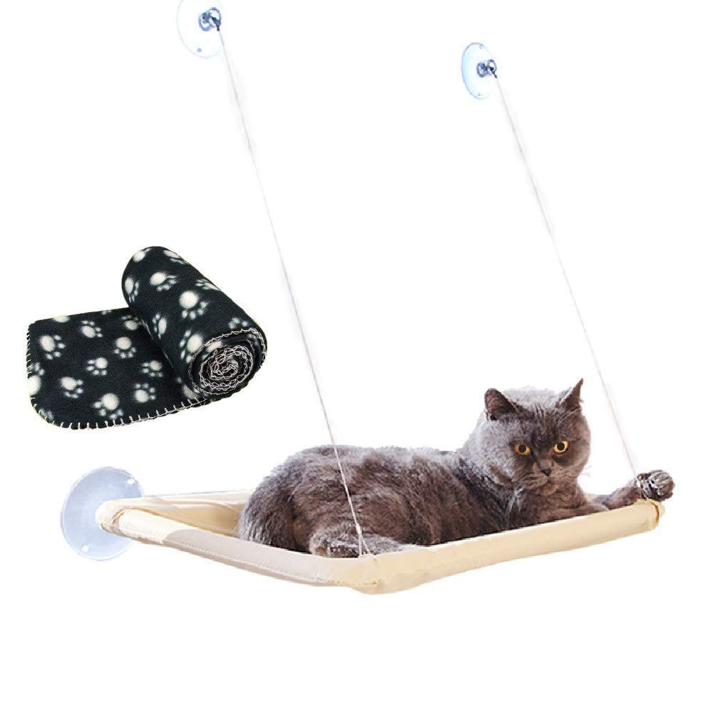 JZK Window Mounted Cat Hammock + Blanket, Suction Cup Pet Bed and Black Blanket for Cat Perch
