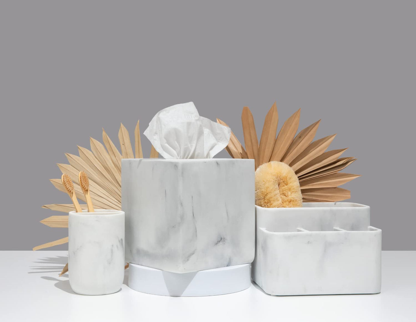 Essentra Home White Marble Square Tissue Box Cover - Blanc Collection