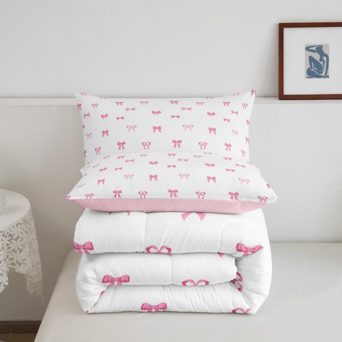 Erosebridal Bow Comforter Set Full Size, Girls Pink Bow Bedding for Kids Women Ultra Soft Cute Bowknot Comforter Kawaii Room Decor Duvet Set Coquette Princess Bowtie Quilt with 2 Pillow Cases