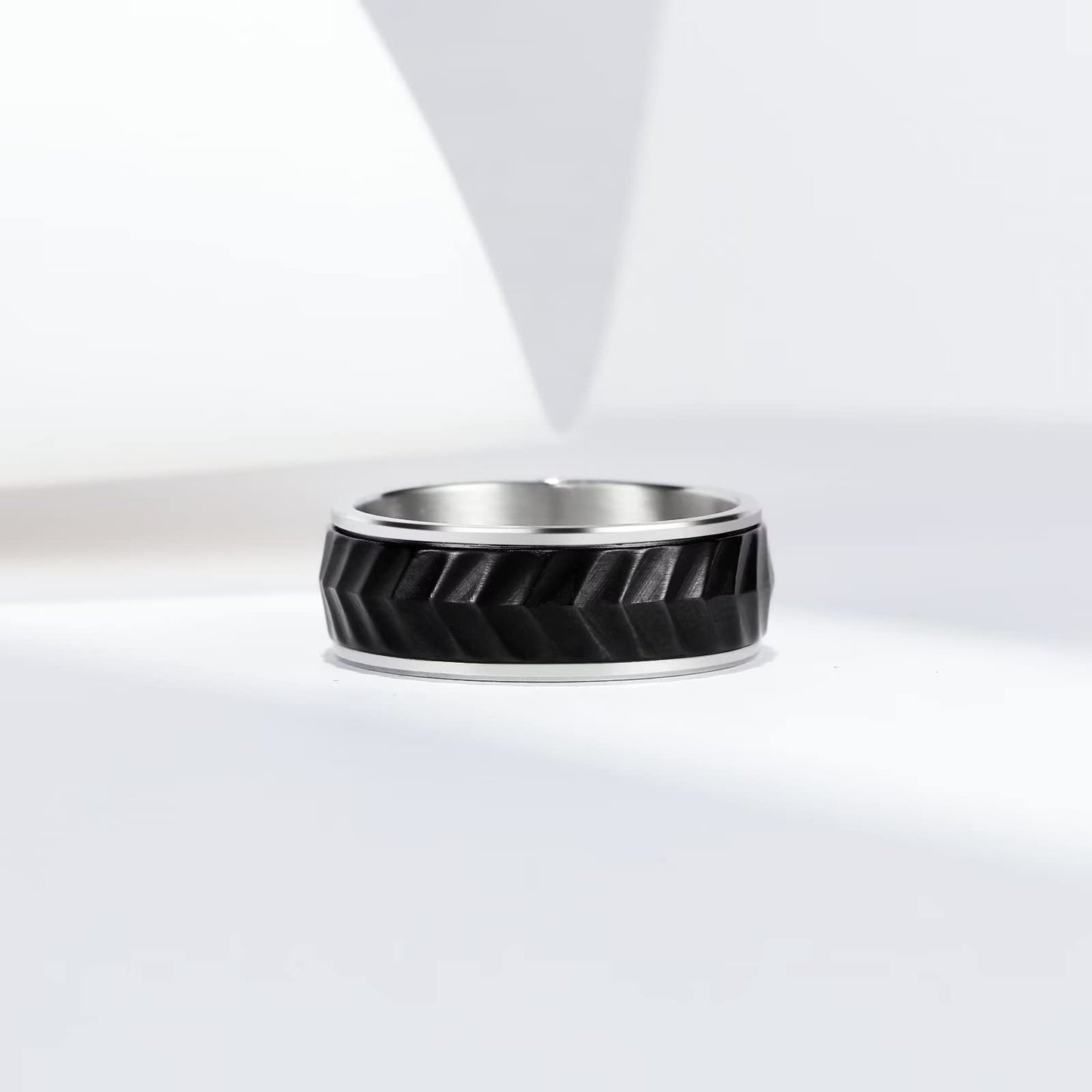 King Will Mens Black Silver 8mm Spinner Rings Tire Thread Stainless Steel Anxiety Fidget Ring for Men Tire Stripe Groove Spinner Ring 11