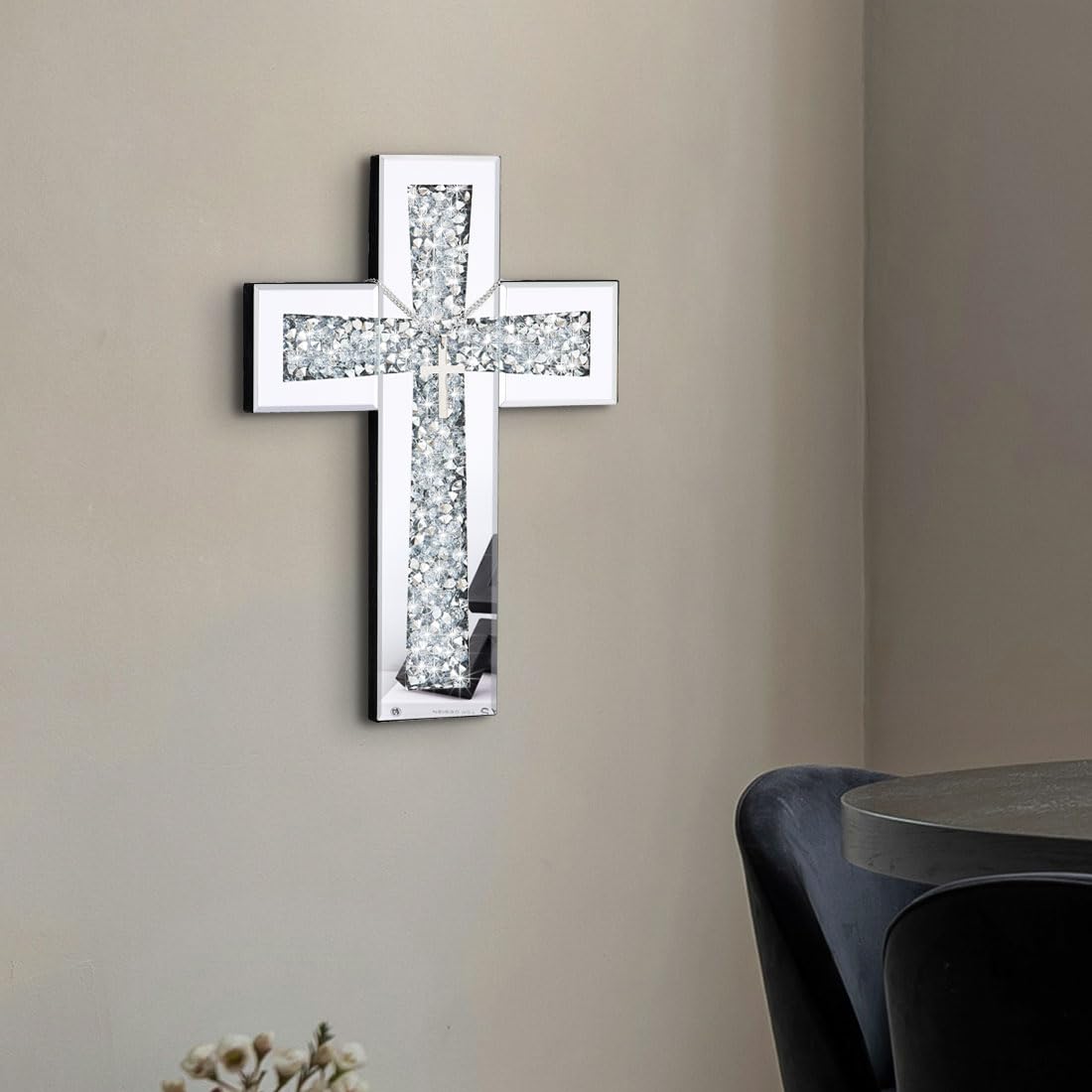 Aeveco Cross Wall Decor, Silver Mirrored Cross for Living Room, Crystal Crush Diamond Mirror Crosses, Religious Wall Art, Home Decor