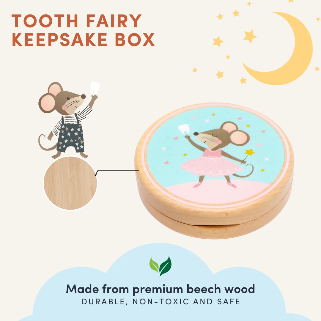 Little Shroomie Baby Tooth Keepsake Box – Wooden Beechwood Tooth Fairy Holder & Memory Capsule for First Tooth, Curl & Umbilical Cord – Unisex Boys & Girls Shower Gift Registry Must-Have (Pink)