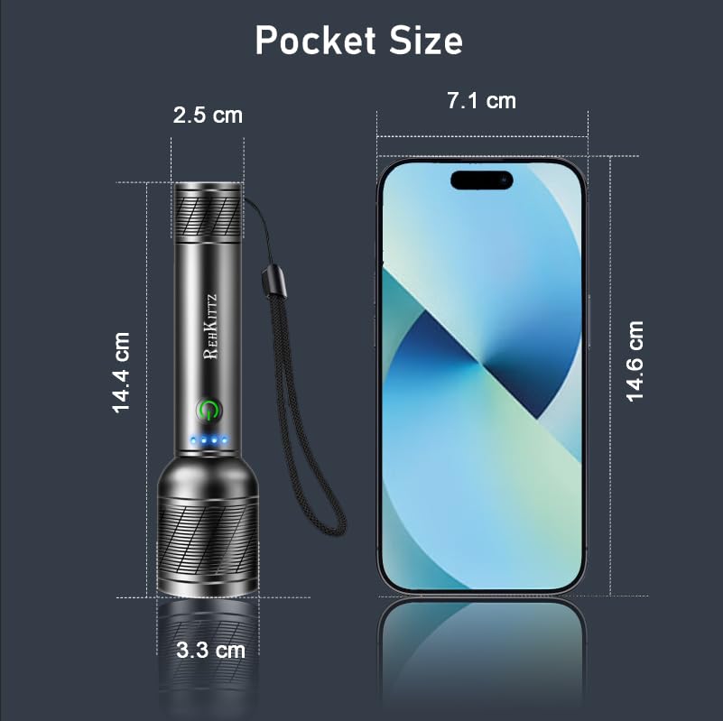 REHKITTZ Torch, LED Rechargeable Torches(Built-in Large Capacity Battery) High Lumen Super Bright Flashlight with Power Display,Long Working Time,Aluminum Alloy,5 Light Modes,Zoomable Torch（2 Pack）