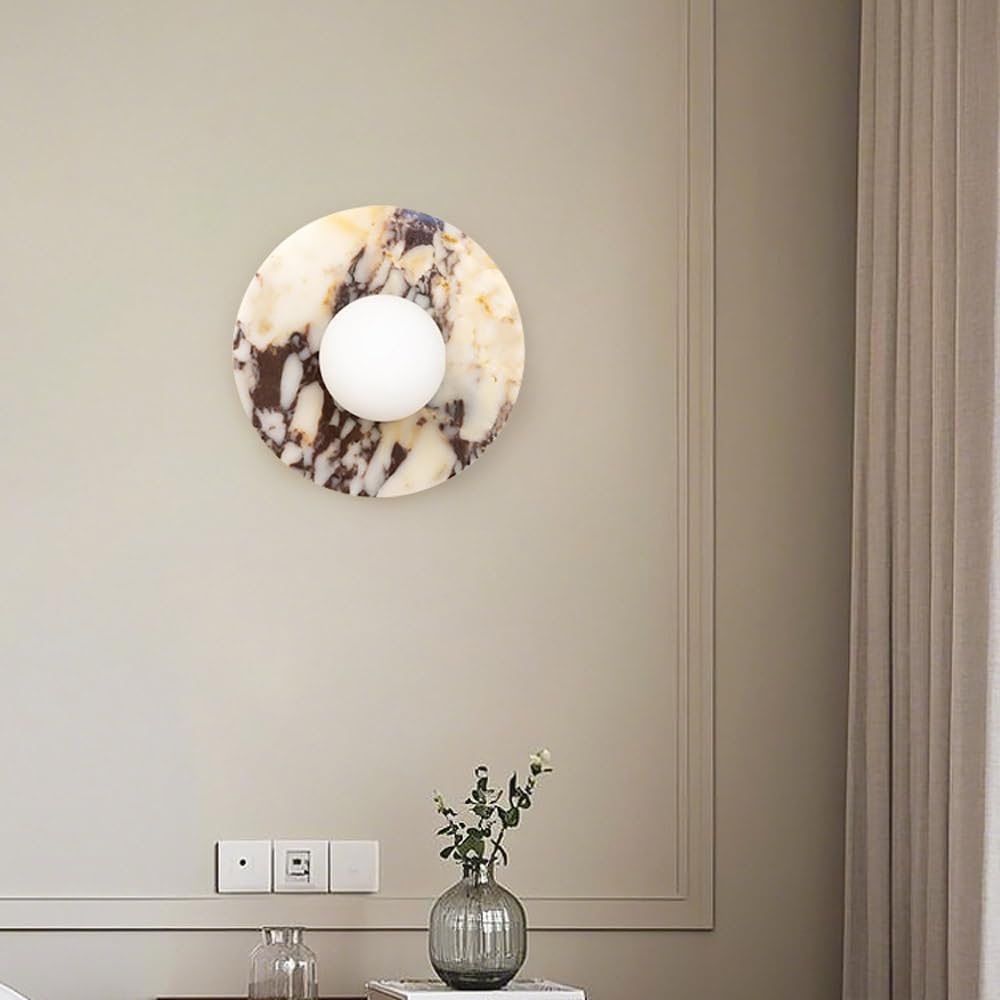 Alabaster Wall Sconces, 7.8 Inch Nordic Style Natural Stone Wall Lamp Round Marble Sconces Wall Lighting with Globe Glass Shade, Hardwired Indoor Wall Lights for Living Room Bedroom Hallway Stairs