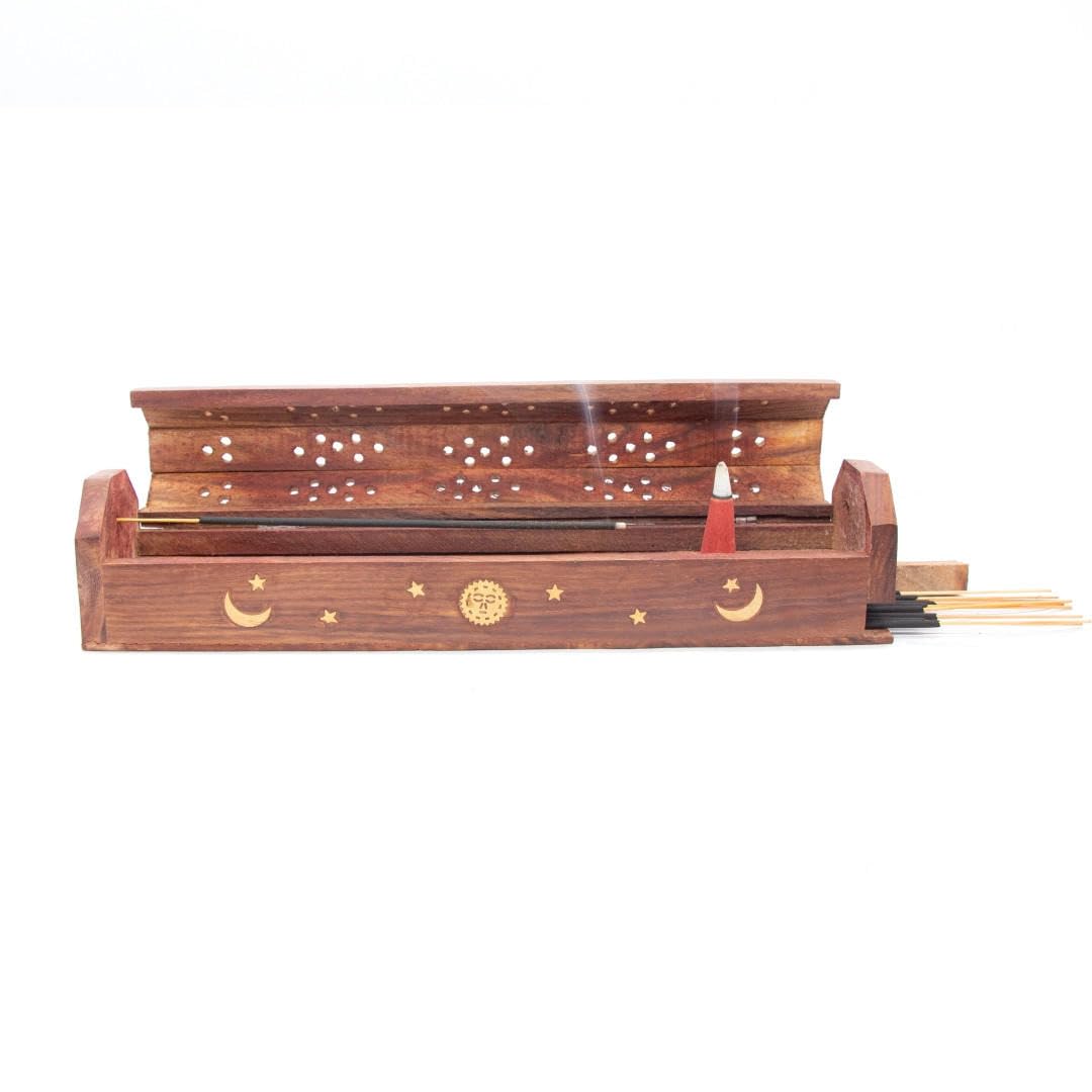 Vrinda® 2 Pack Handcrafted Wooden Incense Stick Holder with Sun and Moon Inlay - Ash Catcher for Meditation - Home Decor & Accessories, 12x2x1.5 inches