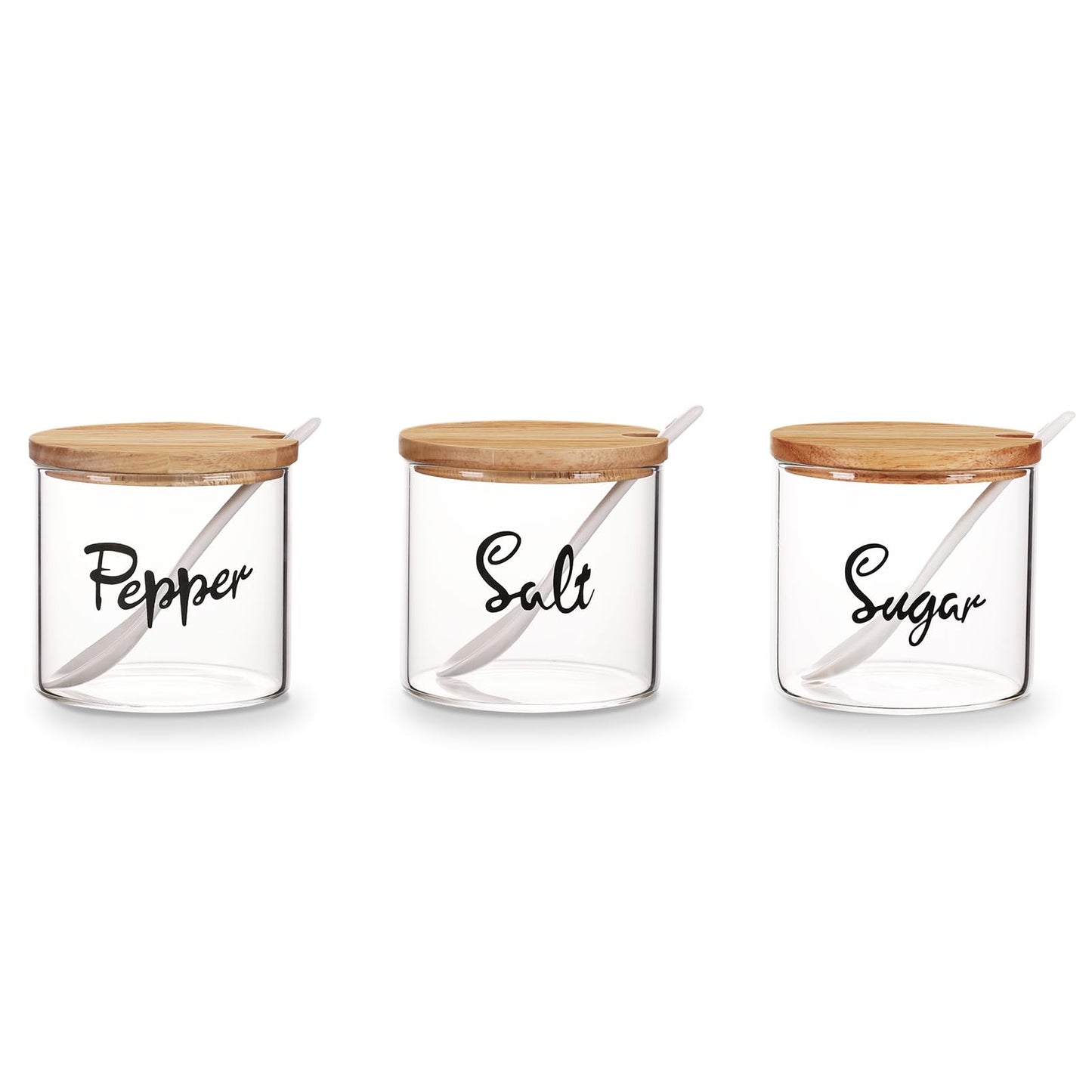 HAOTOP Clear Glass Sugar Pepper and Salt Bowls with Serving Spoon and Lid, Farmhouse Kitchen Countertop Canisters, Container Jar Dispenser Holder for Home Kitchen,12 oz