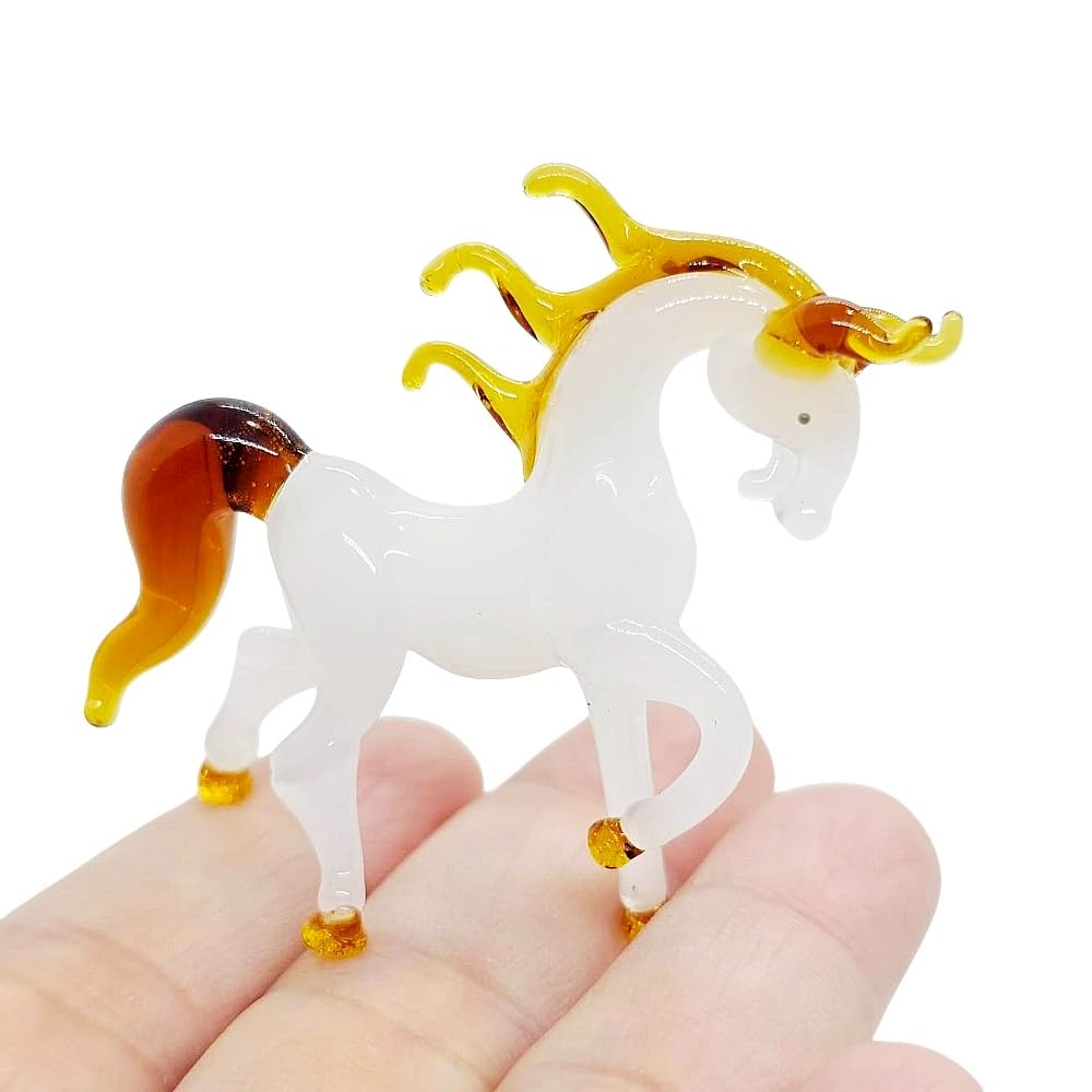 WitnyStore Tiny 1¾" High White Brown Walking Horse Figurine - Miniature Hand Blown Painted Glass Horses Stallion Mare Foal Pony Small Crystal Animals Decorative Collectible Figures Décor Gifts
