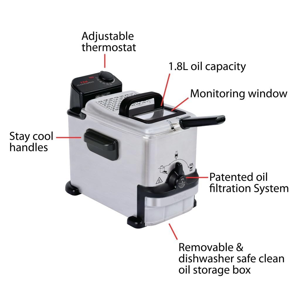 T-fal 3.5L Stainless Steel Deep Fryer with Basket for Home Use, 1700W, Deep Fryer with Oil Filtration, Temp Control, Digital Timer