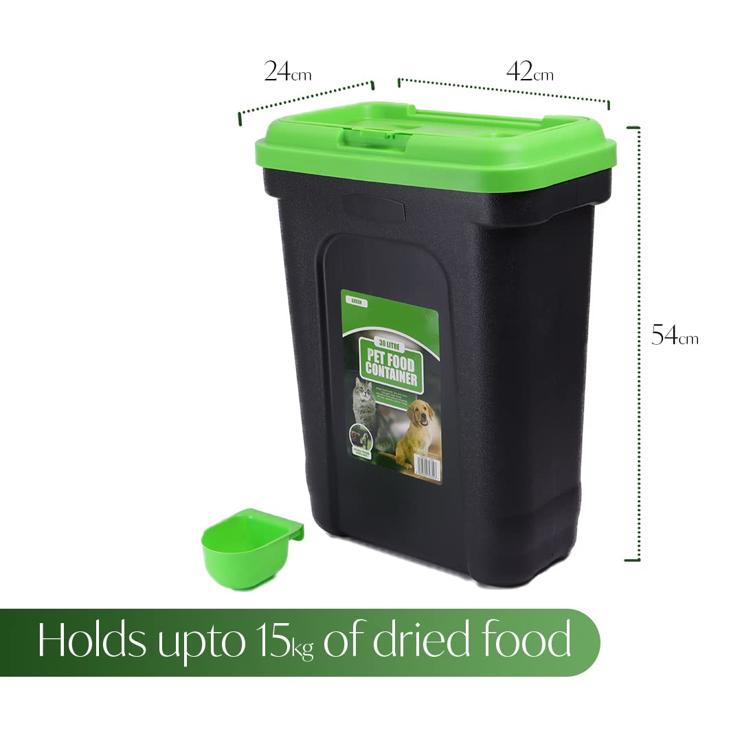 DIVCHI 30L Pet Food Storage Container Flip Top Locking System With Integrated Scoop Plastic Birds Airtight Pet Dog Cat Animal Dry Food 15 KG Dispenser Bin Green