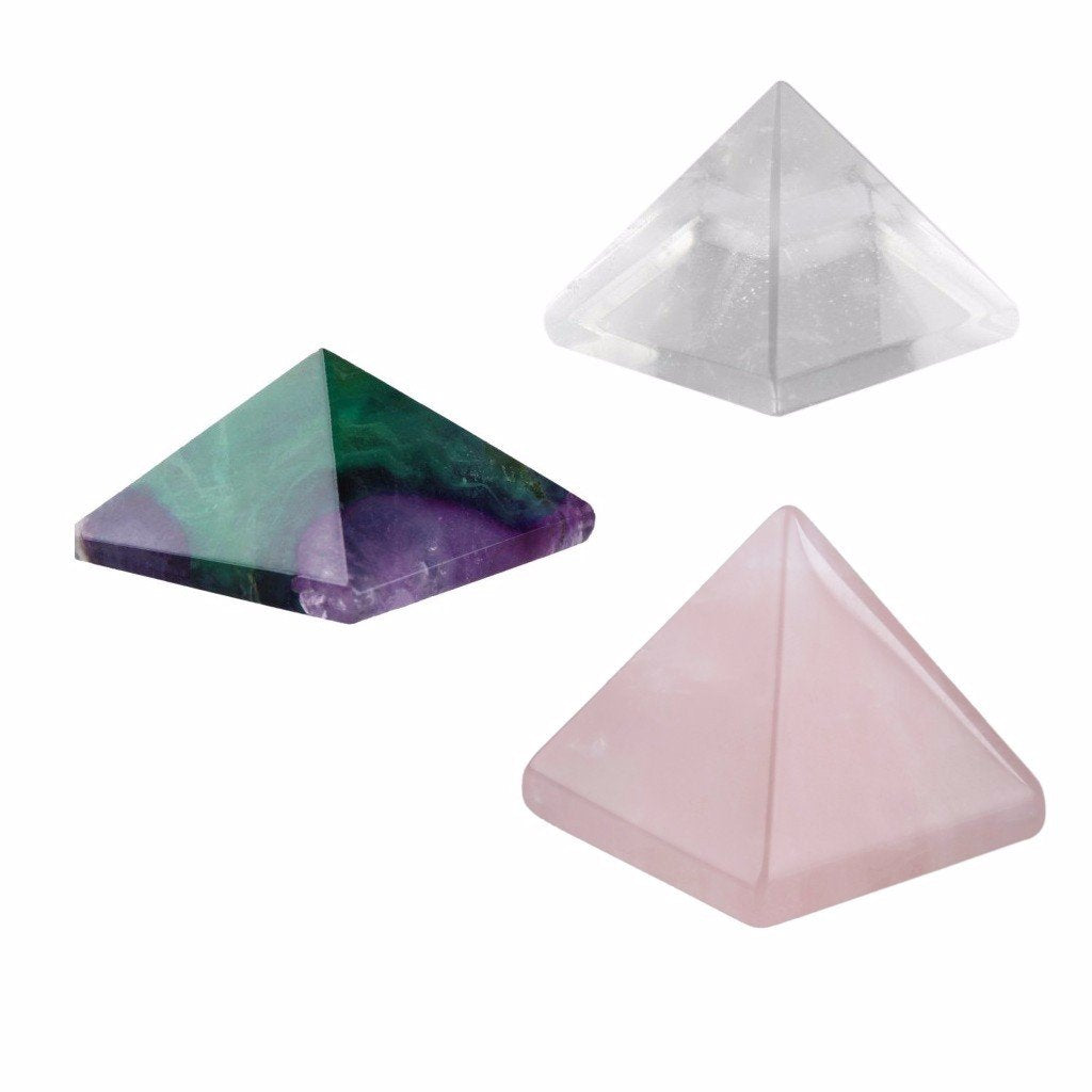 Rockcloud Healing Crystal Rose Quartz Rock Crystal Flourite Pyramid Metaphysical Stone Figurine(Pack of 3)