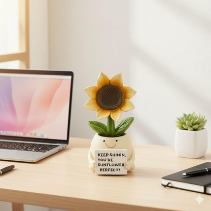 Inspirational Sunflower Gifts for Women Men, Keep Shining Resin Desk Decor, Cute Mini Plant Pot Figurine - Unique Thinking of You Encouragement Present for Coworker Friend Get Well Soon (Sunflower)