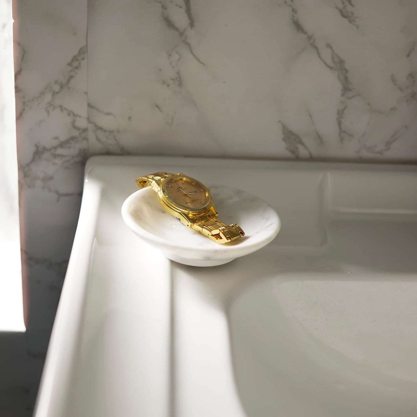 PHINILUX Italian 100% Marble Jewelry Dish,Ring Holder,Trinket Tray,Small Key Bowl,Nightstand & Table Accents Decor,4.33”,Carrara white
