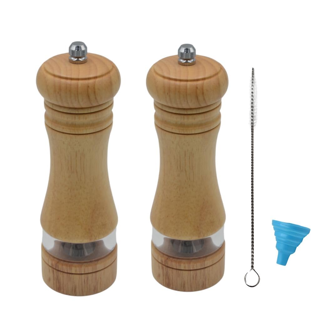 MASALACO Classic Salt and Pepper Grinder Set,Refillable Salt and Pepper Mills,Manual Oak Wood Salt Grinder,Pepper Grinder,Visible Adjustable Ceramic Grinding Rotor,2 Packs set 6.5 inch Each