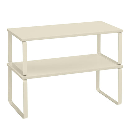 SONGMICS Cabinet Organizer Shelf, Set of 2 Kitchen Counter Shelves, Kitchen Storage, Spice Rack, Stackable, Expandable, Metal and Engineered Wood, Ink Black and Natural Beige UKCS02NB