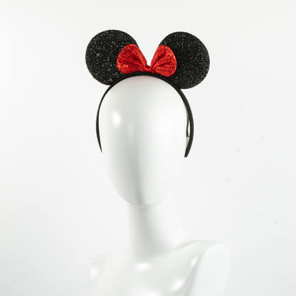 CHuangQi Mouse Ears Headband for Boys and Girls Birthday Party or Celebrations, Solid Black and Red Bow, 12pcs